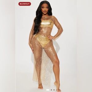 Fashion Nova Stella Gold Sequin Mesh Swim Cover-Up Dress 2XL NWT